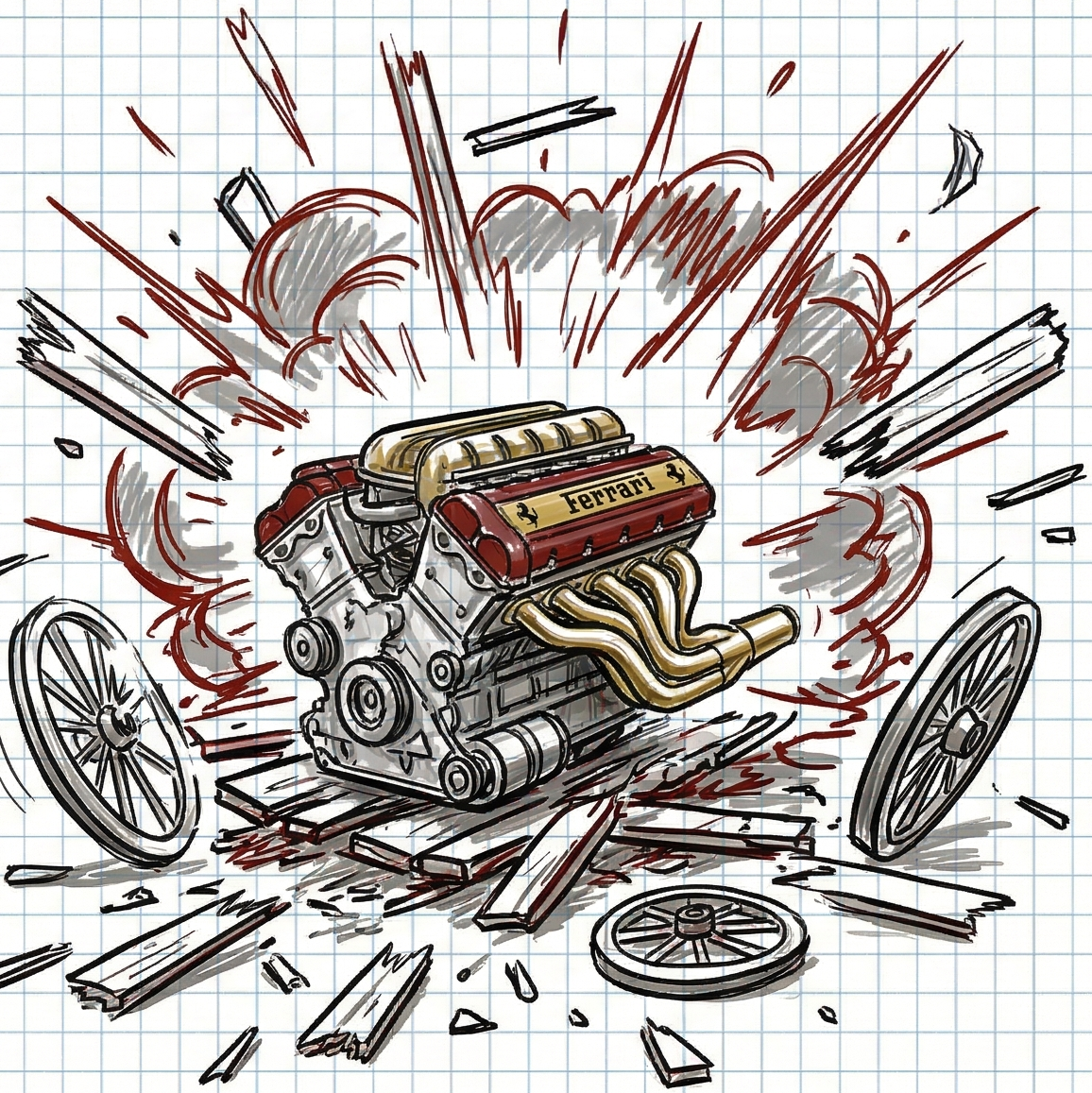 Ferrari-Motor auf Holzwagen — Metapher