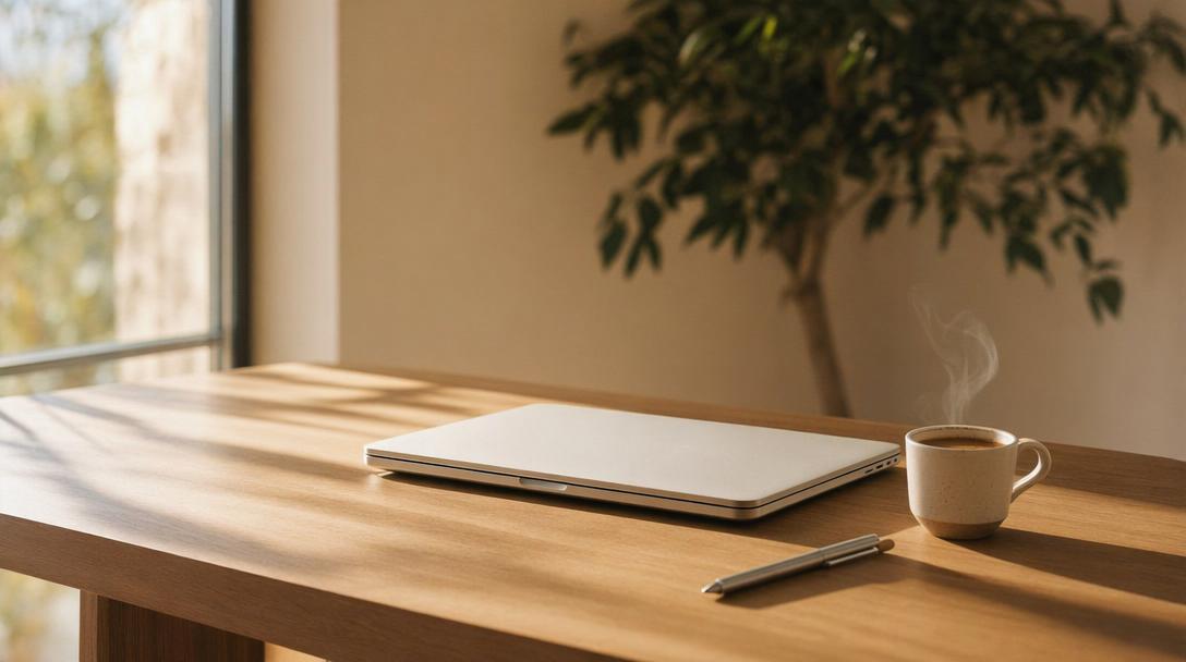 Feierabend — zugeklappter Laptop, Kaffee, warmes Licht